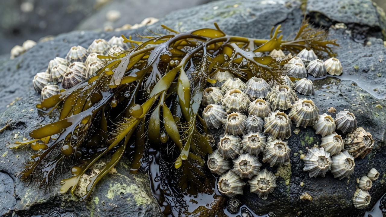 Rockweed fronds resting beside clusters of barnacles on a damp shore rock