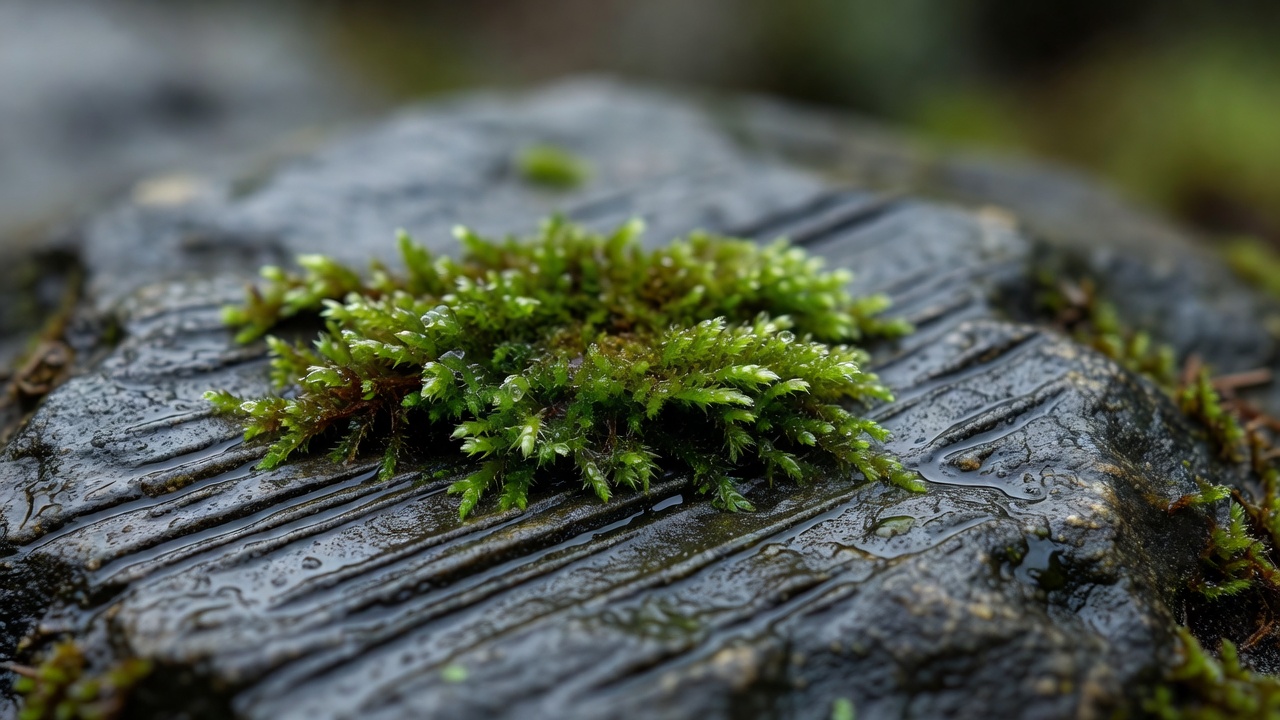 Shallow-focus moss beside fine grooves in a damp stone surface