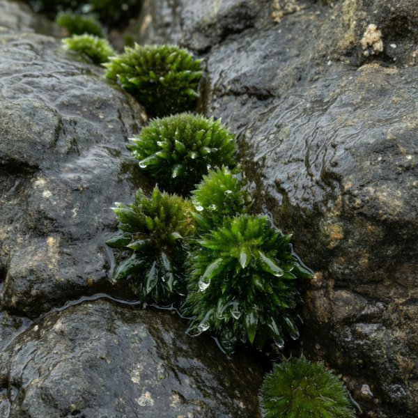 Small wet moss cushions beside a coastal rock surface